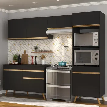 Cozinha Compacta 4 Pç com Armário e Balcão Mp3693 Veneza Gb Preta Preto