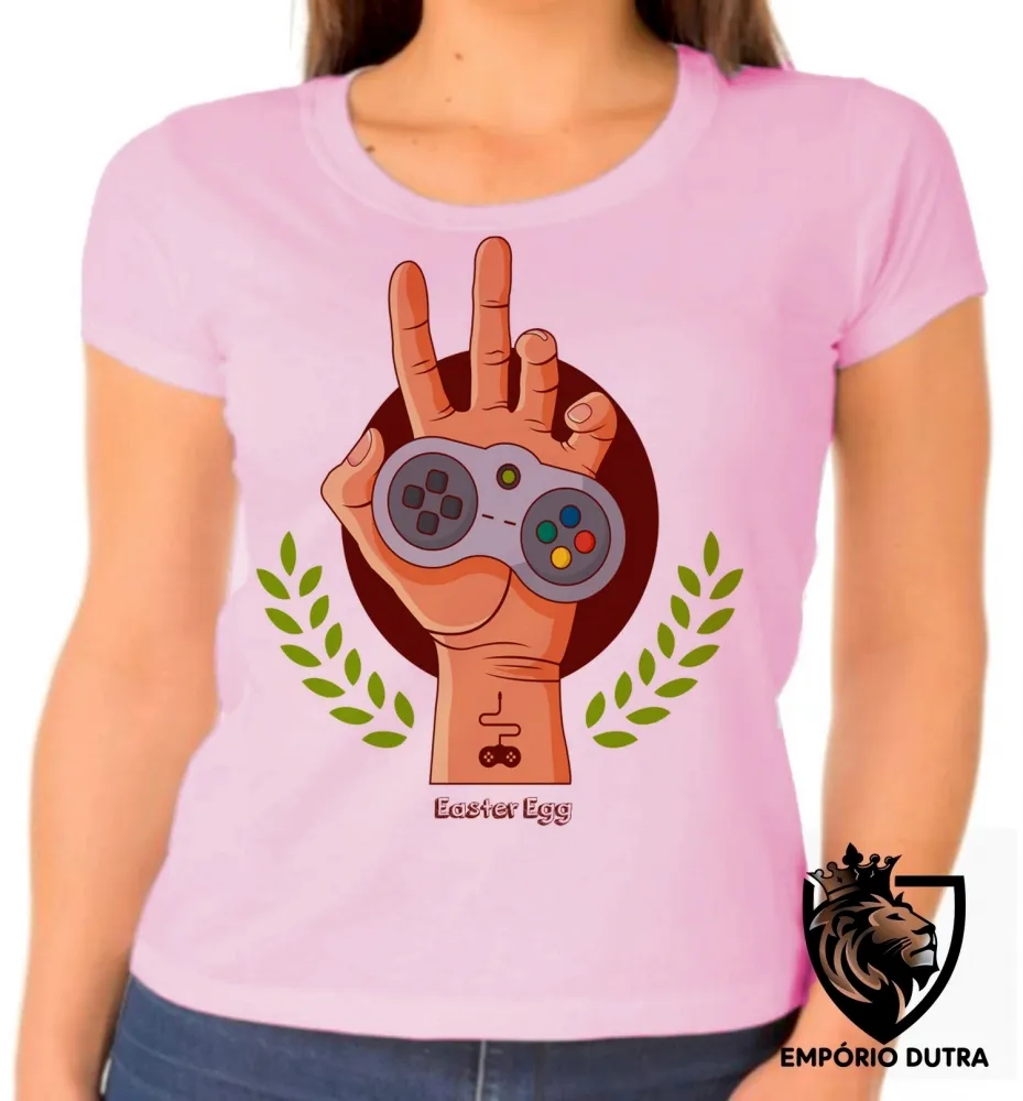 Baby look blusa feminina Easter egg controle mão game nerd