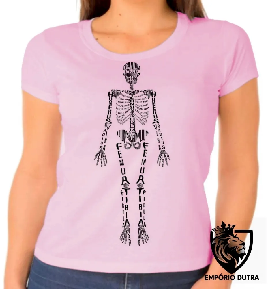 Baby look blusa feminina esqueleto humano com nome