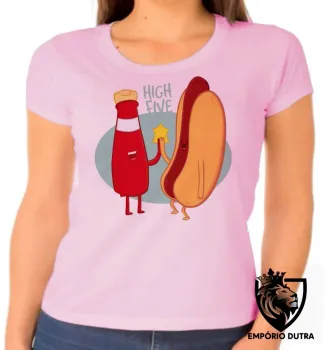 Baby look blusa feminina High Five salsicha catchup hot dog