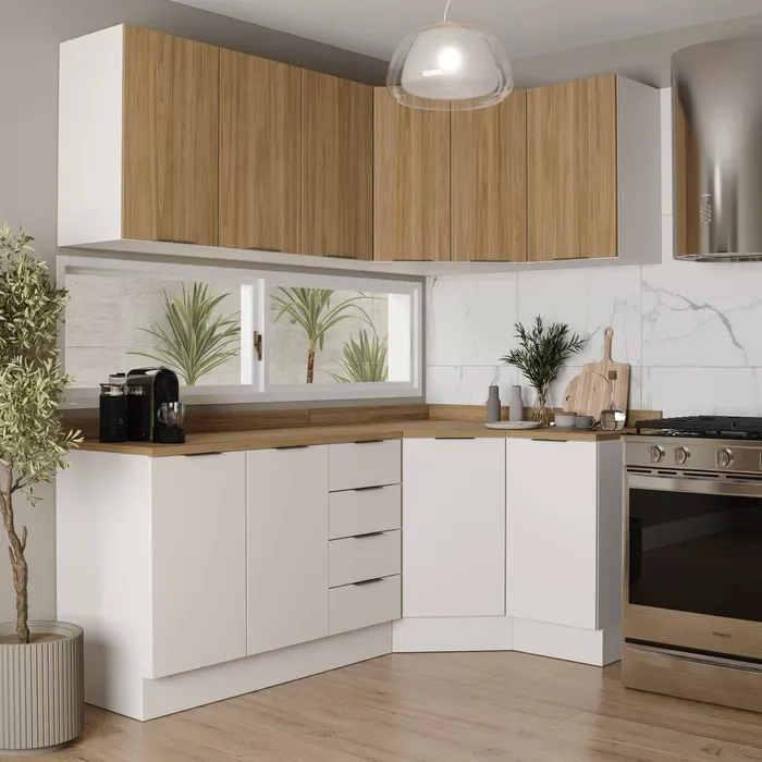 Cozinha Modulada 6 Peças com Tampo 3 Aéreos e 3 Balcões Ipanema CabeCasa MadeiraMadeira Acácia/Branco