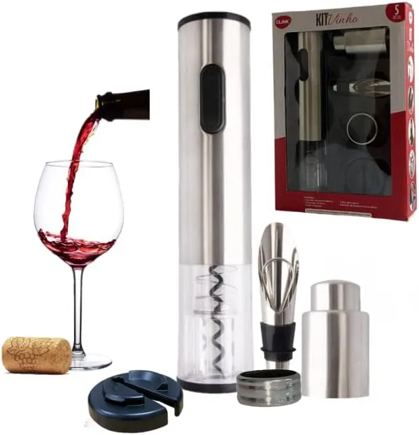 Kit Abridor Elétrico de Vinho Clink em Aço Inox- 5 Pçs 