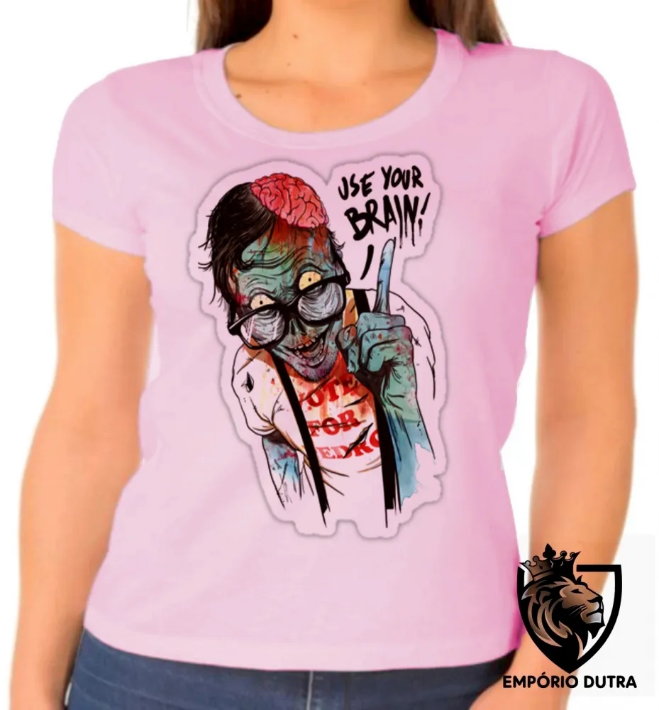 Baby look blusa feminina Zombie use your brain cerebro caveira