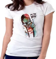 Baby look blusa feminina Zombie use your brain cerebro caveira - Foto 4