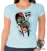 Baby look blusa feminina Zombie use your brain cerebro caveira - Foto 6