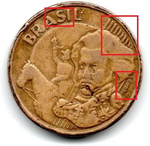 2000 - 10 Centavos - ERRO: Duplicação no D. Pedro I, Brasil e Traços - Moeda Brasil - C/ Danos