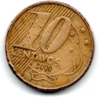 2000 - 10 Centavos - ERRO: Duplicação no D. Pedro I, Brasil e Traços - Moeda Brasil - C/ Danos - Foto 2