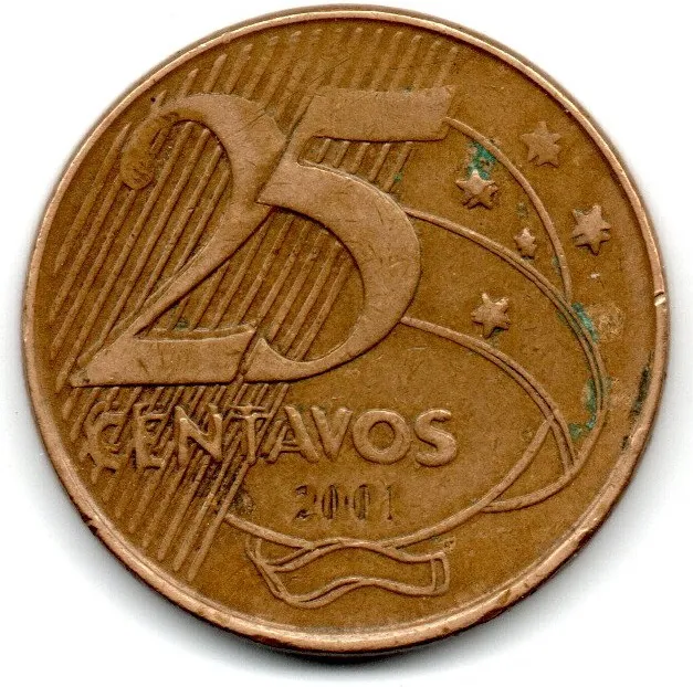2001 - 25 Centavos - ERRO: Duplicação no Reverso - Moeda Brasil Imagem