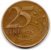 2001 - 25 Centavos - ERRO: Duplicação no Reverso - Moeda Brasil