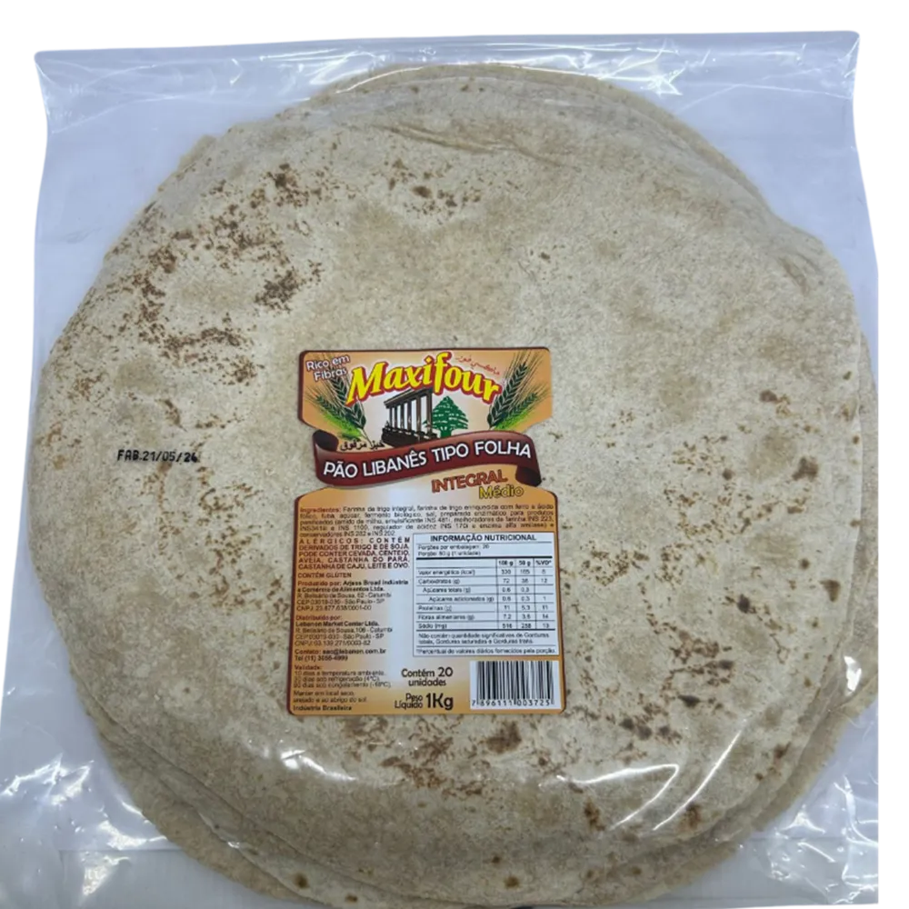 PÃO TIPO FOLHA INTEGRAL PACOTE 1KG COM 20 UN