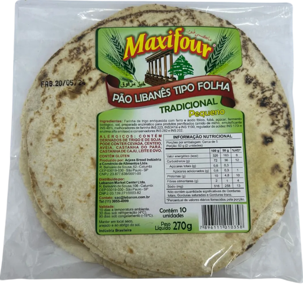 PÃO LIBANÊS TIPO FOLHA PEQUENO MAXIFOUR 270G