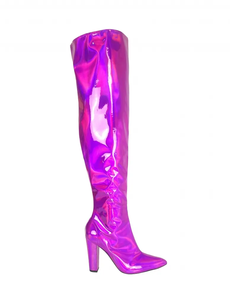 Bota Over the Knee Aisha Metalizada Holográfica Rosa com Numeração Especial