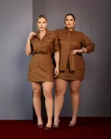 Conjunto Camisa Saia Shorts Linho Diva's Voga Marrom - Foto 6