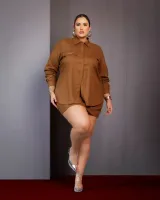 Conjunto Camisa Saia Shorts Linho Diva's Voga Marrom - Foto 7