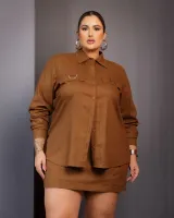 Conjunto Camisa Saia Shorts Linho Diva's Voga Marrom - Foto 9