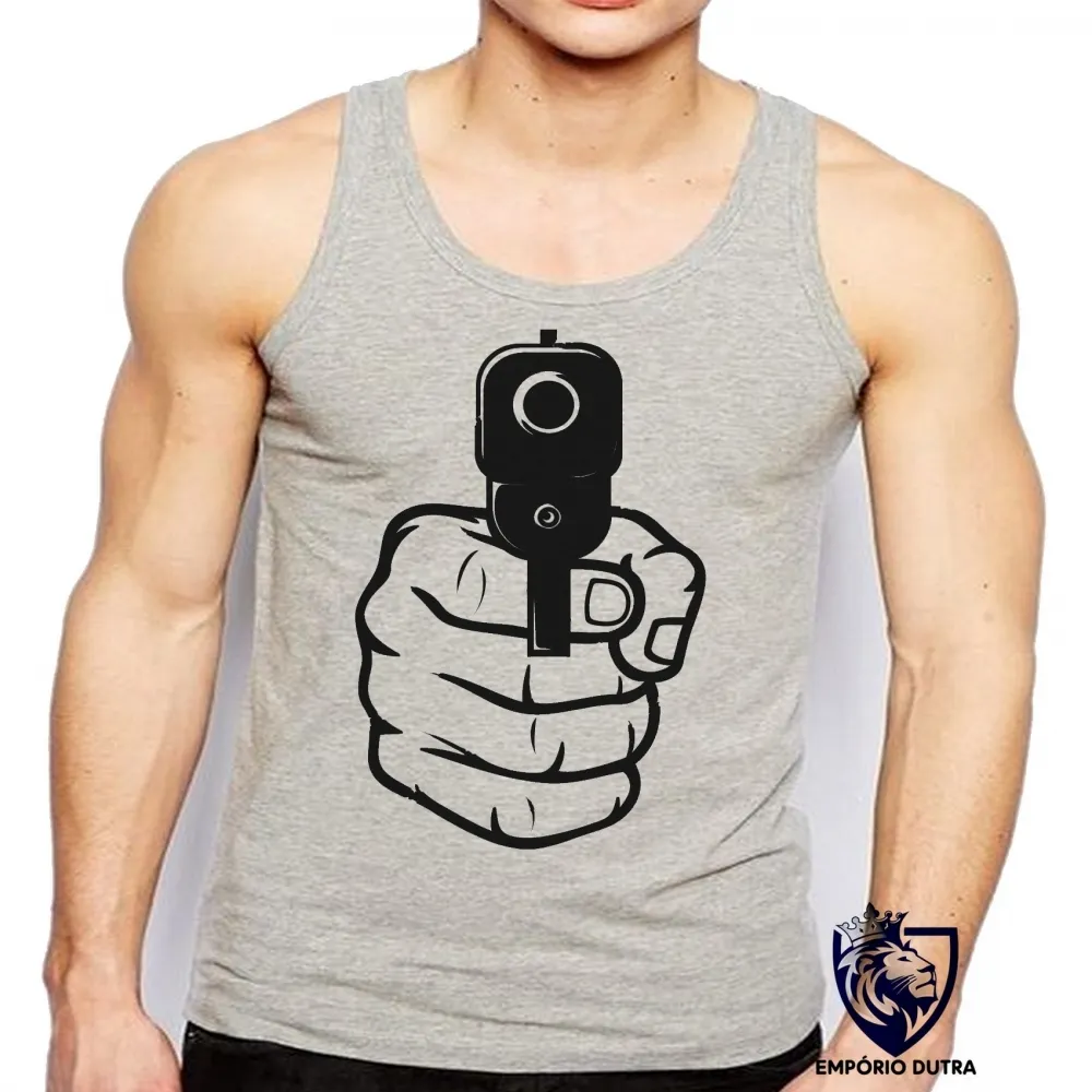 Camiseta Regata adulto ou infantil Arma em punho pistola revólver