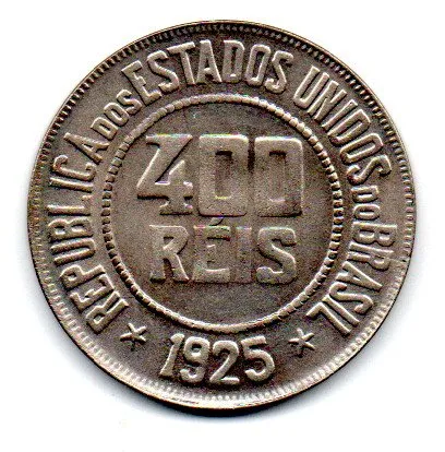 1925 - 400 Réis - Moeda Brasil - Estado de Conservação: Soberba/Fc