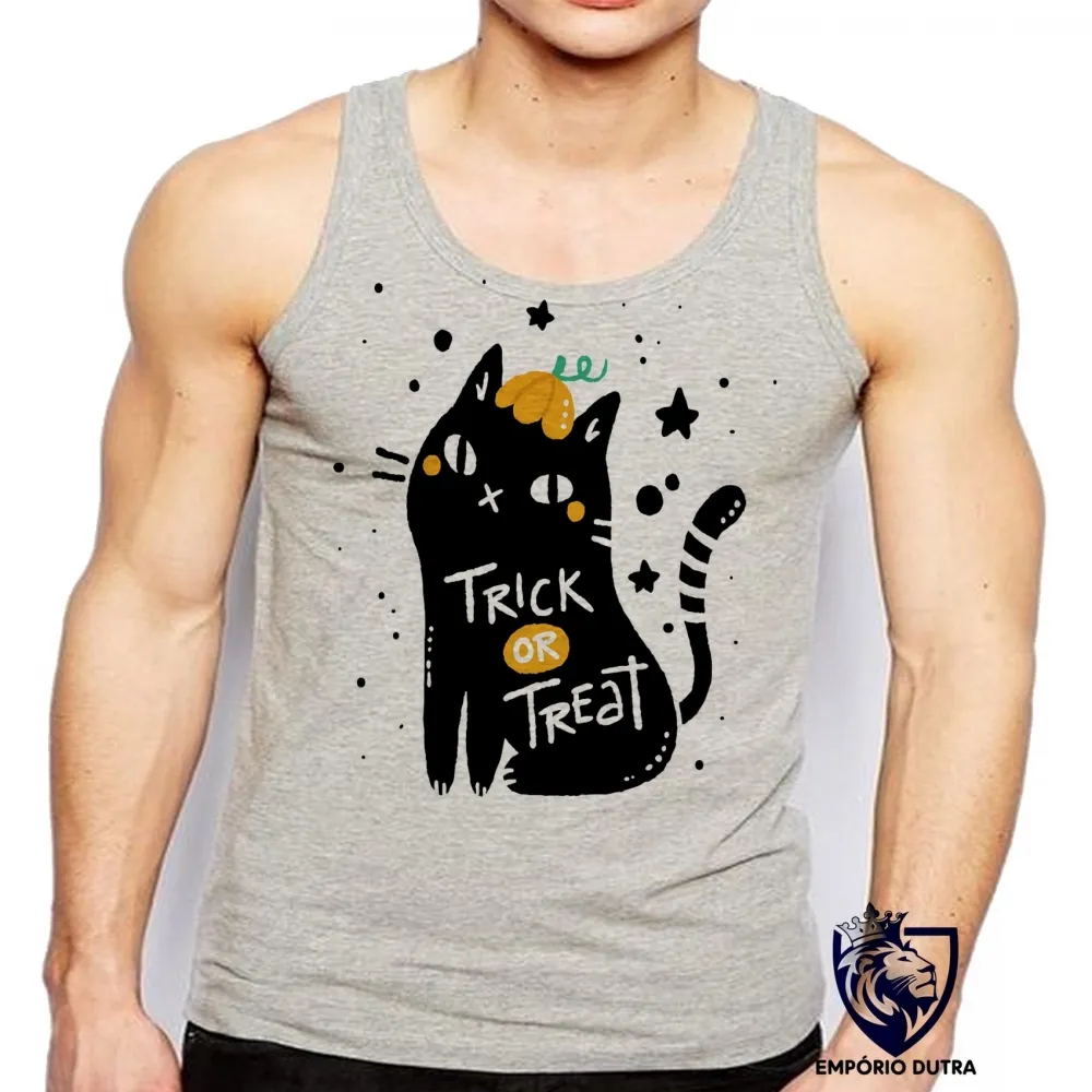 Camiseta Regata adulto ou infantil Cat trick treat gato doce travessura Imagem