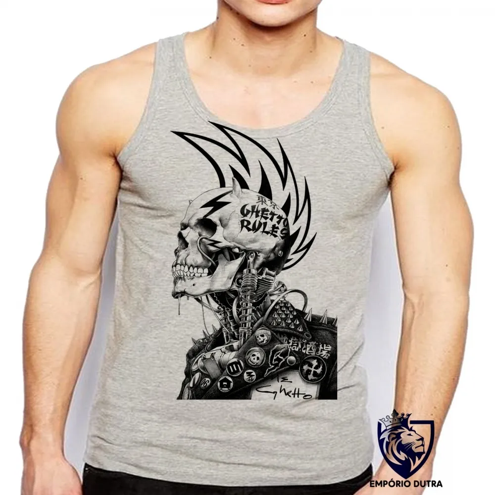 Camiseta Regata adulto ou infantil Caveira guetto rules regras punk