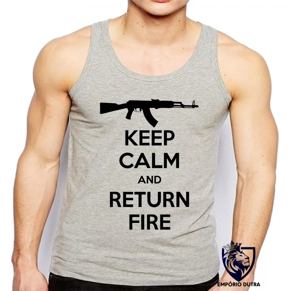 Camiseta Regata adulto ou infantil Fuzil arma pistola ak 47 keep calm