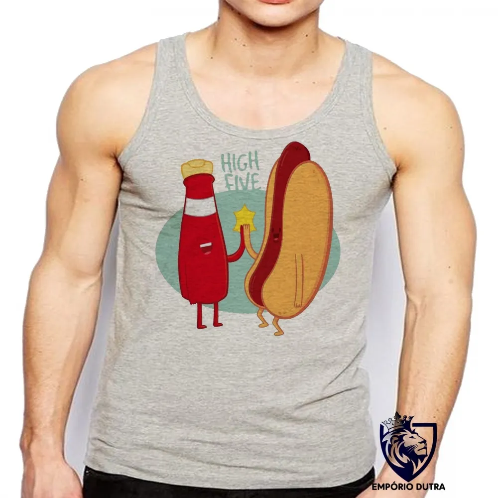 Camiseta Regata adulto ou infantil High Five salsicha catchup hot dog
