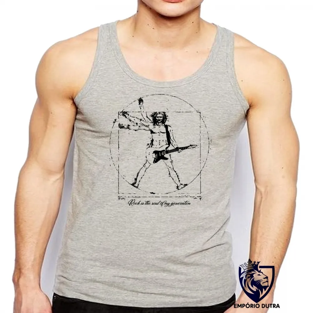 Camiseta Regata adulto ou infantil Homem Vitruviano Leonardo da Vinci Rock Imagem