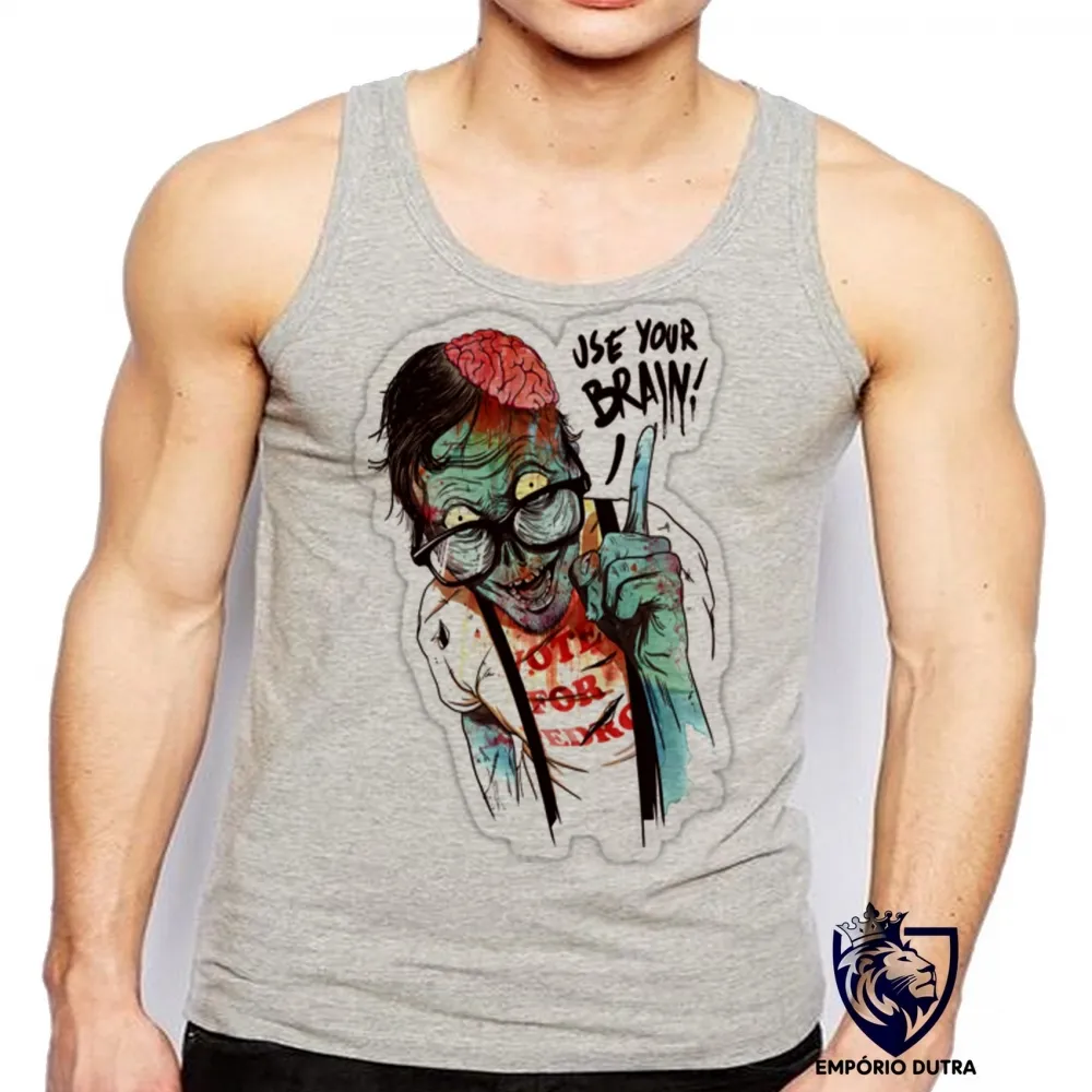 Camiseta Regata adulto ou infantil Zombie use your brain cerebro caveira Imagem