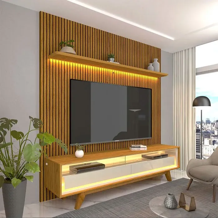 Rack Com Painel 1,85m para TVs Até 75 Polegadas Com Led e Pés - Nobre Ripado Requinte - Naturale/Off Imagem
