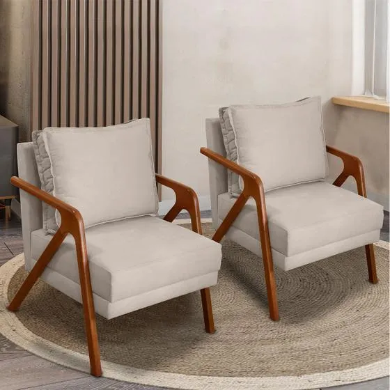 Kit 2 Poltronas Decorativas Para Sala Cadeira Reforçada Shine Madeira Maciça Suede Imagem
