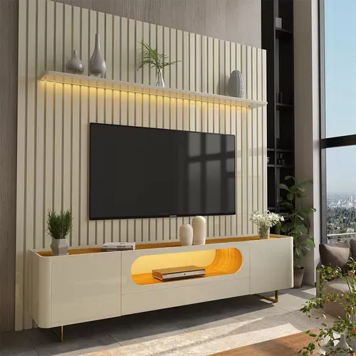 Rack Com Painel Nobre 2.3 Pés De Ferro Off White - Gelius Imagem