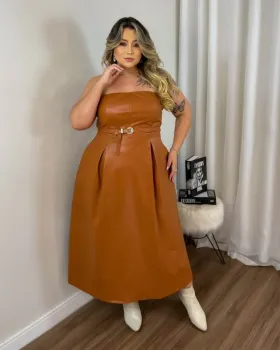 Vestido Couro Eco Tomara Que Caia Chiclé Marrom