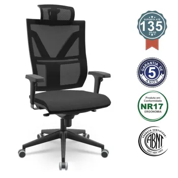  Cadeira Multiregulável NR17 Darix X+ Assento Estofado Encosto Telado com Mecanismo Sincronizado Base Piramidal com Braço Regulável e Apoio de Cabeça