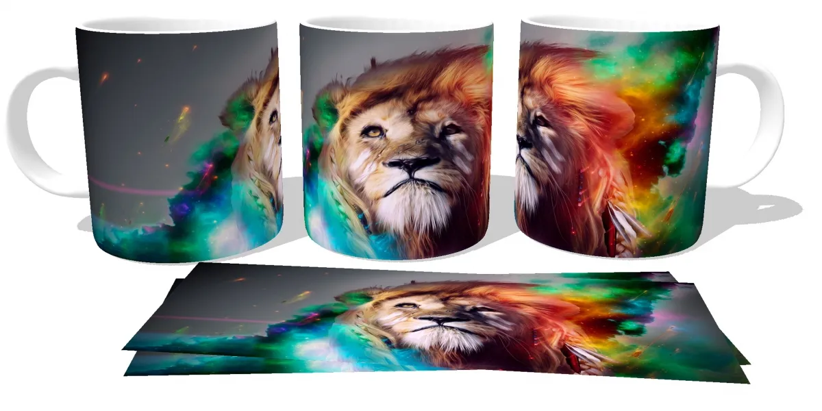 Caneca copo Plástico ou Cerâmica Leão multicolorido gato lion Imagem