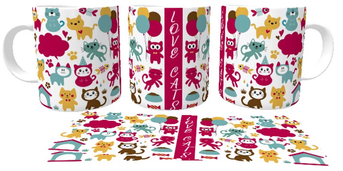 Caneca copo Plástico ou Cerâmica Love Cats gato gatinho color