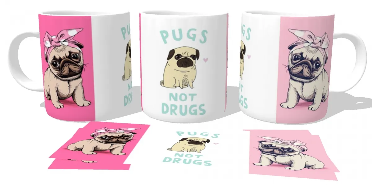 Caneca copo Plástico ou Cerâmica Pugs not drugs cachorro cão dog Imagem