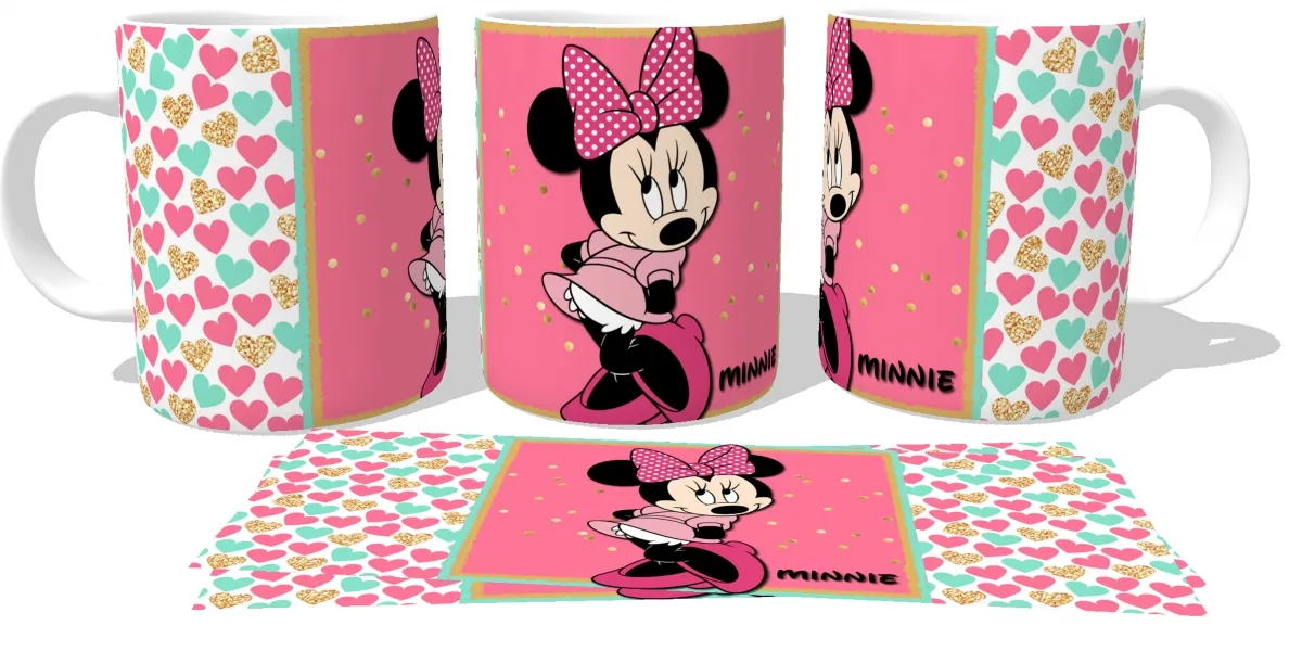 Caneca copo Plástico ou Cerâmica Minnie rosa corações Imagem