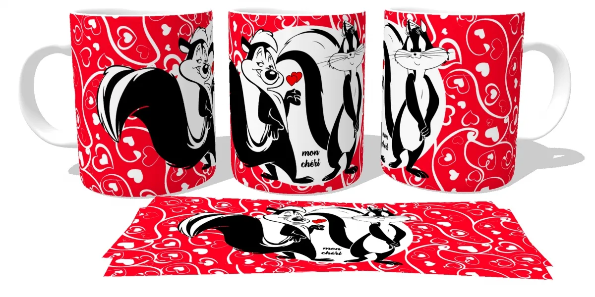 Caneca copo Plástico ou Cerâmica Pepe le pew gata corações Imagem