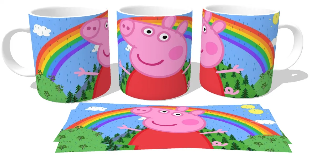 Caneca copo Plástico ou Cerâmica Peppa Pig arco  íris Imagem