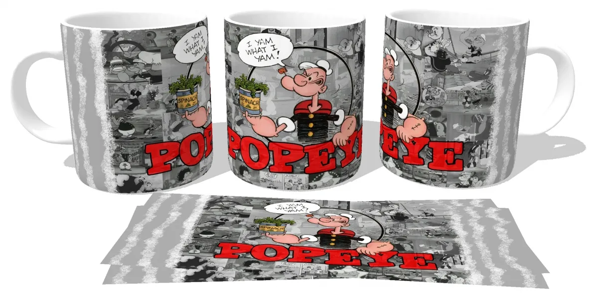 Caneca copo Plástico ou Cerâmica Popeye espinafre cinza Imagem