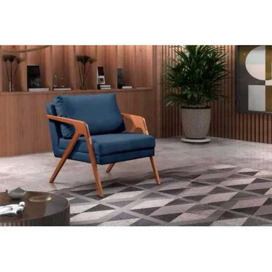 Poltrona Decorativa Mona Luxo Veludo Azul Marinho e Base Madeira Maciça - CASA TREE
