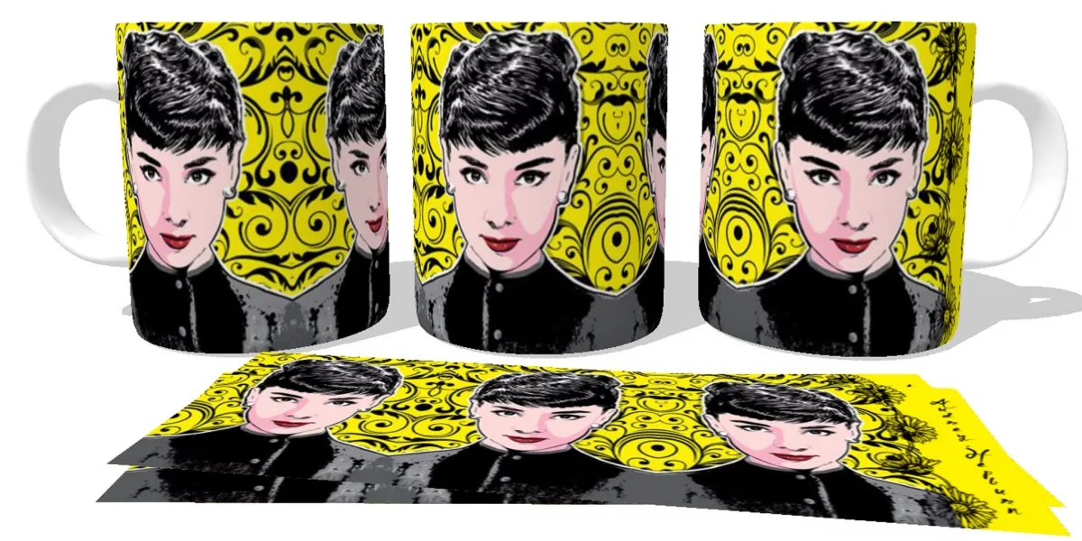 Caneca copo Plástico ou Cerâmica Audrey Hepburn amarelo atriz eua Imagem