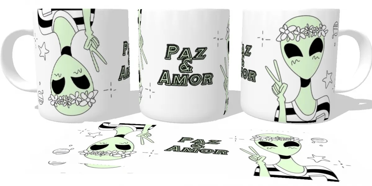 Caneca copo Plástico ou Cerâmica Alien paz e amor et alienigena Imagem