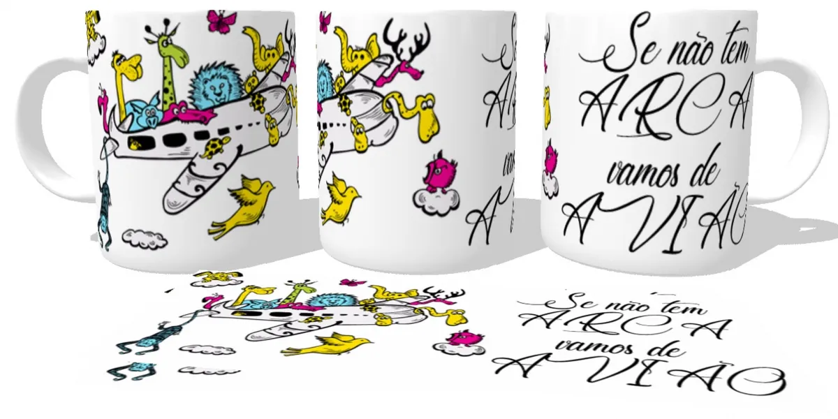 Caneca copo Plástico ou Cerâmica Arca avião animais NOÉ bichos Imagem