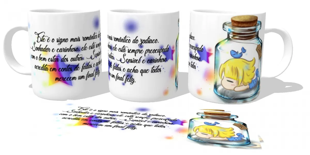 Caneca copo Plástico ou Cerâmica Signo peixes garrafa Imagem