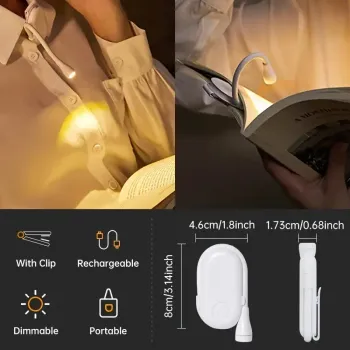 Luz de Livro LED Portátil com Clipe - Recarregável por USB, Ângulo Ajustável, Leve e Compacta para Uso Doméstico