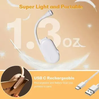 Luz de Livro LED Portátil com Clipe - Recarregável por USB, Ângulo Ajustável, Leve e Compacta para Uso Doméstico - Foto 2