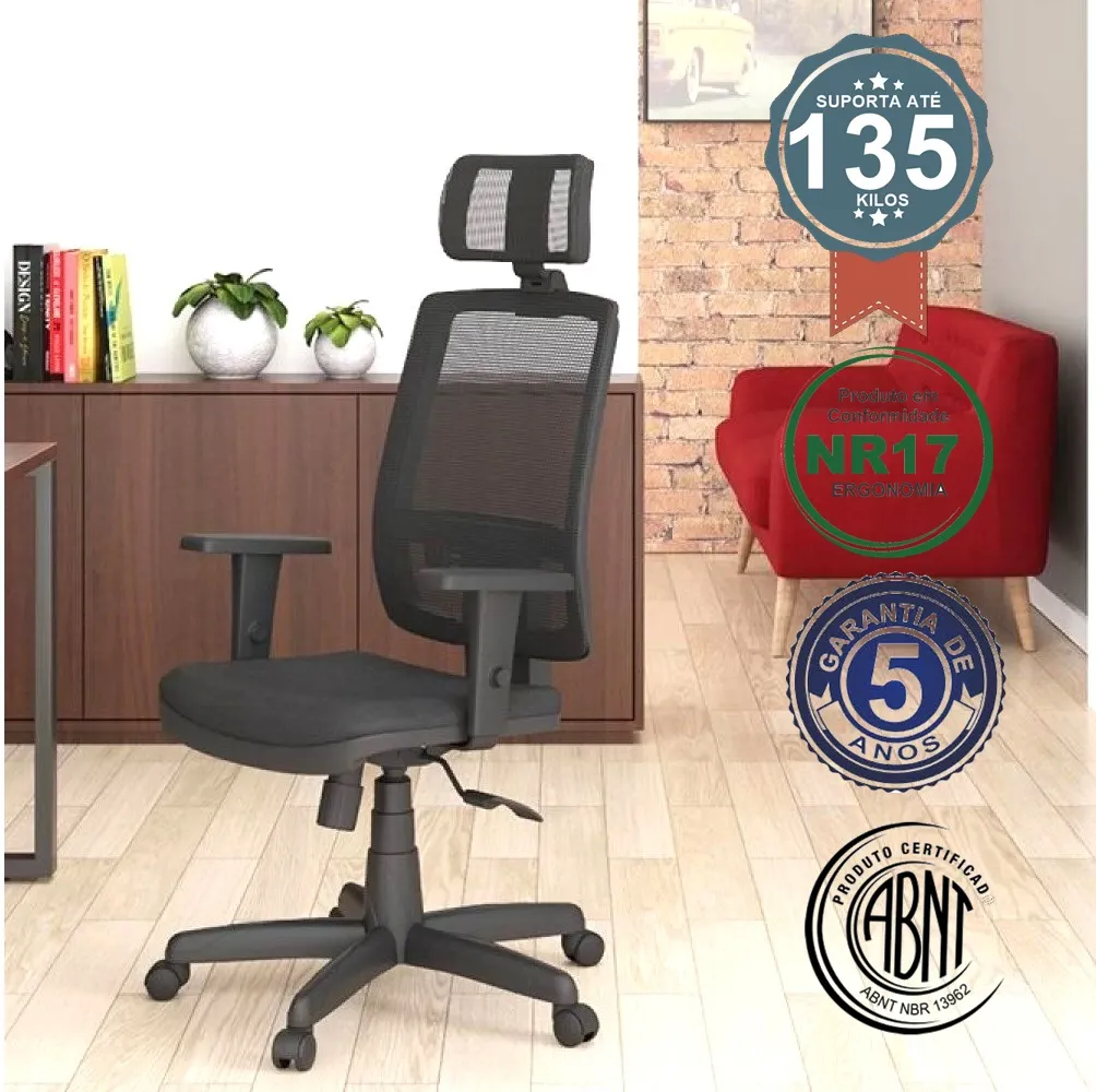 Poltrona Presidente Brizza Mecanismo Relax Base Giratória com Braços Reguláveis e Apoio de Cabeça 