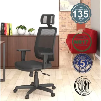 Poltrona Presidente Brizza Mecanismo Relax Base Giratória com Braços Reguláveis e Apoio de Cabeça 