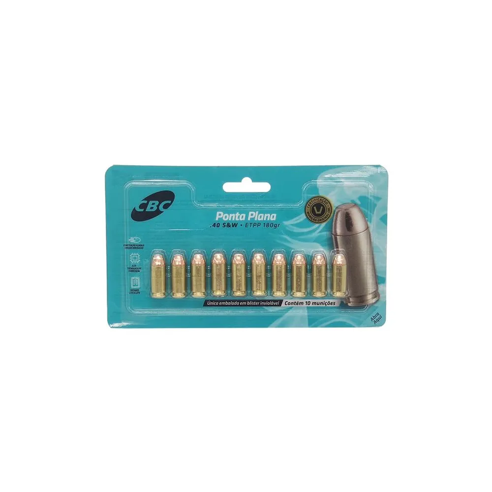MUNIÇÃO CAL .40 S&W CBC ETPP 180gr CARTELA C/10