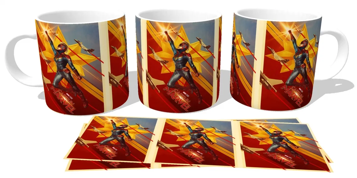 Caneca copo Plástico ou Cerâmica Capitã Marvel voando